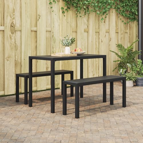 Qnhdfrt Gartenbank Set Outdoor Schwarz Metall WPC mit Tisch für Garten Terrasse Balkon Rechteckige Sitzbank Matt Oberfläche Platz für 6 Personen Robust Einfach Montiert von Qnhdfrt