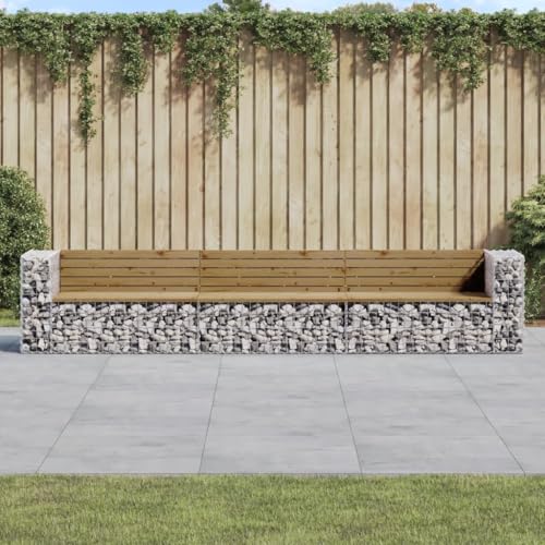 Qnhdfrt Gartenbank aus Gabionen und Kiefernholz 347x71x65,5cm Outdoor Robust mit Eckbank und Mittelbank für Balkon Garten Terrasse von Qnhdfrt
