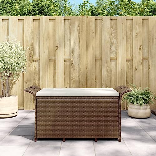 Qnhdfrt Gartenbank mit Kissen Braun Outdoor für Garten Terrasse Balkon Poly Rattan 116x46x57 cm mit Stauraum Robust und Komfortabel von Qnhdfrt