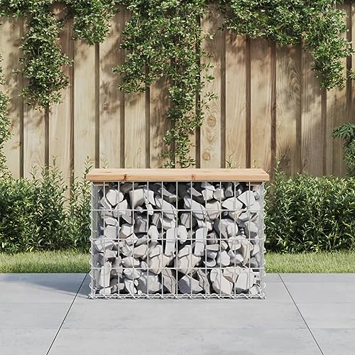 Qnhdfrt Gartenbank mit Massivholz Kiefer Gabionen Sockel 63x31.5x42 cm Outdoor Sitzbank für Balkon Terrasse Garten kompakte rustikale Holzbank von Qnhdfrt