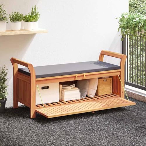 Qnhdfrt Gartenbank mit Stauraum 126 cm Massivholz Akazie Outdoor Sitzbank inklusive Dunkelgrauem Kissen für Garten Balkon Terrasse Robust und Langlebig von Qnhdfrt
