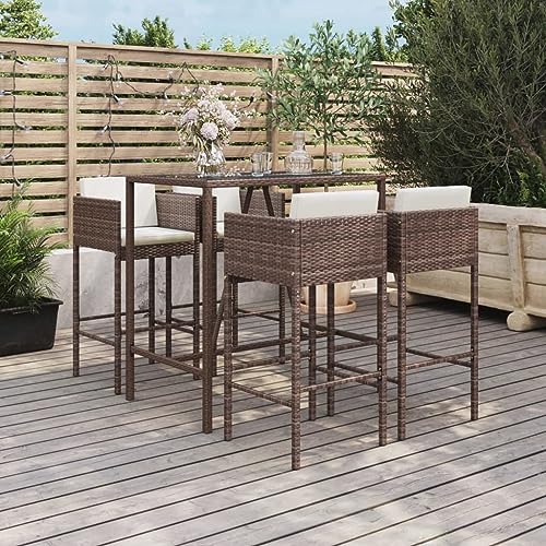 Qnhdfrt Gartenbar Set 5 TLG Braun mit Kissen PE Rattan Outdoor Sitzgruppe Bartisch und 4 Hocker für Terrasse Balkon Garten von Qnhdfrt