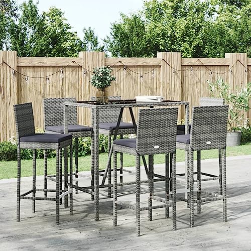Qnhdfrt Gartenbar Set 6 Stühle Grau mit Kissen PE Rattan Outdoor Balkonmöbel Set 110x70x110 cm Wetterfest für Terrasse Garten von Qnhdfrt