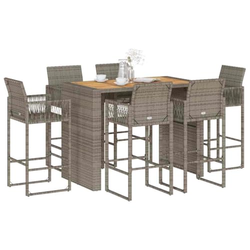 Qnhdfrt Gartenbar Set 7 teilig Grau PE Rattan mit Akazienholz Tisch und 6 Hocker für Terrasse Garten und Balkon von Qnhdfrt