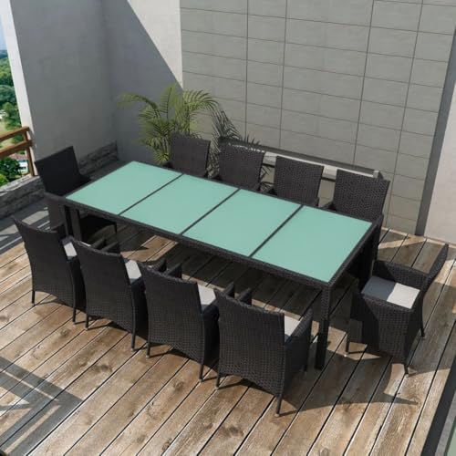 Qnhdfrt Gartenmöbel Set 10 Stühle mit Tisch Poly Rattan Schwarz Outdoor Sitzgruppe für Terrasse Balkon und Garten mit Cremeweißen Kissen von Qnhdfrt