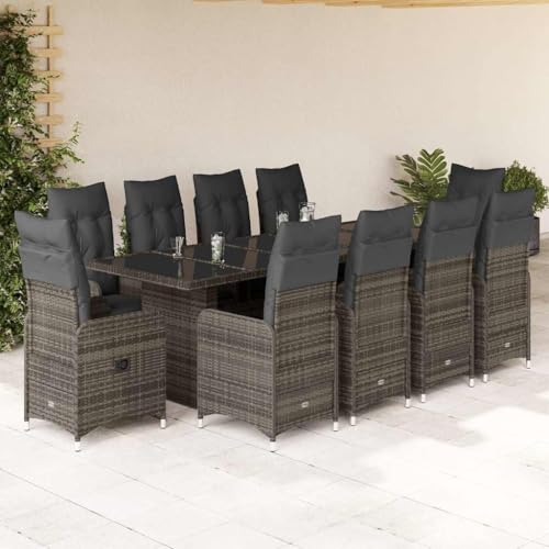 Qnhdfrt Gartenmöbel Set 11 TLG Grau Poly Rattan Bistro Set mit Verstellbaren Liegen und Glas Tisch für Balkon Terrasse Garten von Qnhdfrt