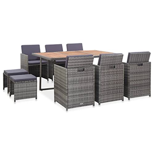 Qnhdfrt Gartenmöbel Set 11 teilig Outdoor Essgruppe aus PE Rattan mit Akazienholz Tisch Graue Polster Anthrazit für Terrasse Garten und Balkon von Qnhdfrt