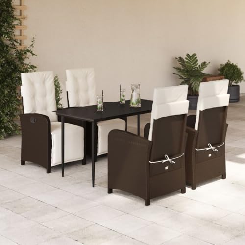 Qnhdfrt Gartenmöbel Set 5 TLG PE Rattan Essgruppe mit Kissen Verstellbare Liegesessel und Glas Tisch Braun Cremeweiß für Balkon Terrasse Garten von Qnhdfrt