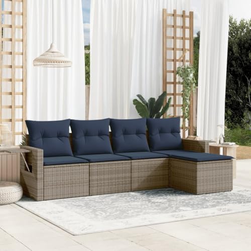 Qnhdfrt Gartenmöbel Set 5-teilig Polyrattan Gartensofa Grau Marineblau Kissen klappbarer Beistelltisch 55 x 62 x 69 cm platzsparend Lounge Balkon Terrasse von Qnhdfrt