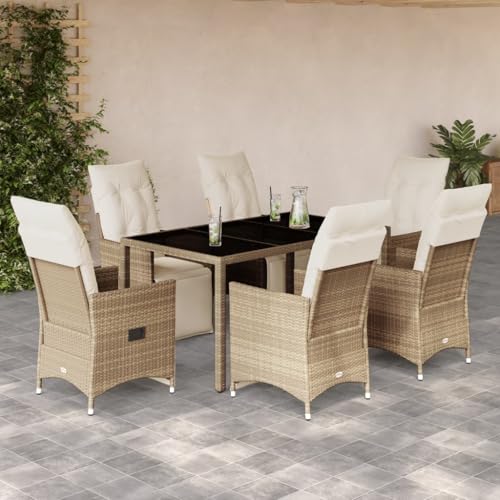 Qnhdfrt Gartenmöbel Set 7 teilig Beige PE Rattan Bistro Set mit Kissen und Glas Tisch Verstellbare Lounge Sitzgruppe für Balkon Garten Terrasse Qnhdfrt Gartenmöbel Set 7 teilig Beige PE Rattan Bistro Set mit Kissen und Glas Tisch Verstellbare Lounge Sitzgruppe für Balkon Garten Terrasse von Qnhdfrt