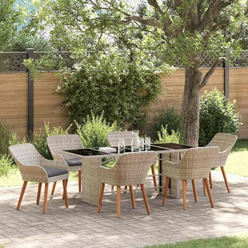 Qnhdfrt Gartenmöbel Set 7 teilig Outdoor Essgruppe aus Poly Rattan mit Stahlgestell und Glasplatte 190 x 80 x 74 cm Hellgrau Beige für Terrasse Balkon Garten von Qnhdfrt