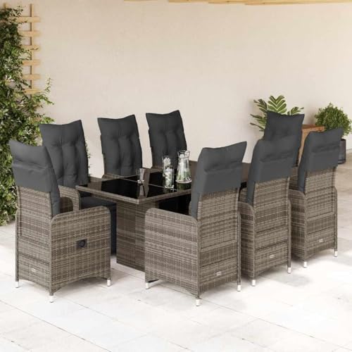 Qnhdfrt Gartenmöbel Set 9-TLG. Grau Bistro Set mit Verstellbaren Liegestühlen und Glas Tisch für Terrasse Balkon Garten von Qnhdfrt