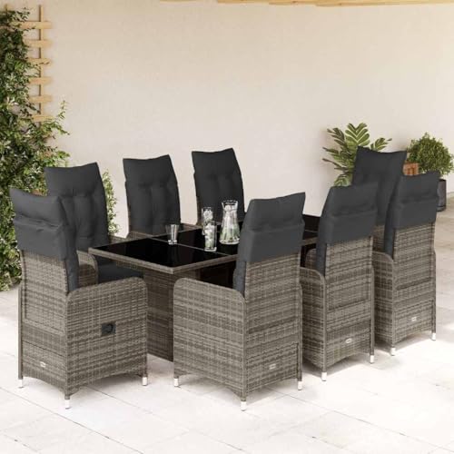 Qnhdfrt Gartenmöbel Set 9 teilig Grau Poly Rattan Bistro Set mit Kissen Verstellbare Lounge Sitzgruppe für Balkon Garten und Terrasse von Qnhdfrt