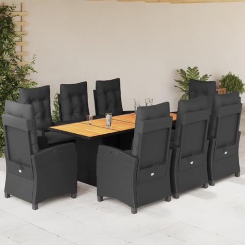 Qnhdfrt Gartenmöbel Set 9 teilig Schwarz PE Rattan mit Akazienholz Tischplatte und verstellbaren Liegestühlen für Terrasse Garten und Balkon von Qnhdfrt