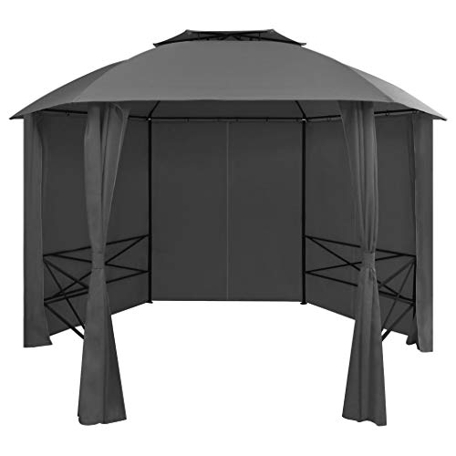 Qnhdfrt Gartenpavillon mit Vorhängen Sechseckig 360x265 cm Anthrazit Wasserdichter Shelter mit Stabilem Stahlrahmen für Garten Grillpartys und Camping von Qnhdfrt