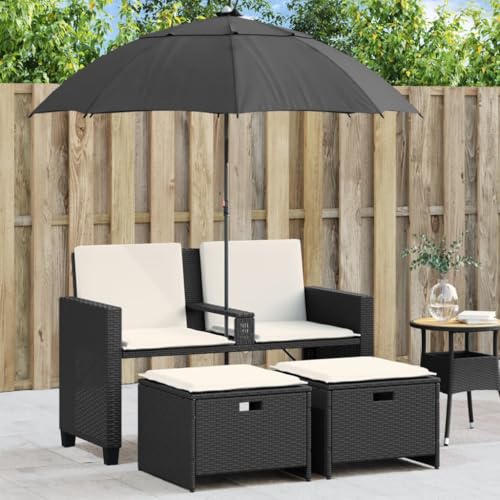 Qnhdfrt Gartensofa 2-Sitzer mit Sonnenschirm und Hockern PE-Rattan Schwarz Robustes Outdoor-Sofa für Garten Terrasse und Balkon Qnhdfrt Gartensofa 2-Sitzer mit Sonnenschirm und Hockern PE-Rattan Schwarz Robustes Outdoor-Sofa für Garten Terrasse und Balkon von Qnhdfrt