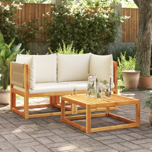 Qnhdfrt Gartensofa Ecksofa aus massivem Akazienholz mit geflochtenen Seilrückenlehnen und cremeweißen Kissen, bequemes Outdoor-Sofa für Garten, Terrasse und Balkon von Qnhdfrt