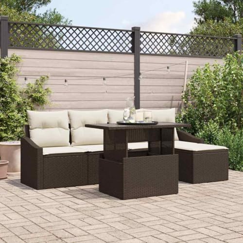 Qnhdfrt Gartensofa Set 6-teilig aus Poly-Rattan in Braun mit cremefarbenen Kissen, modernes Design für Terrasse, Balkon und Garten von Qnhdfrt