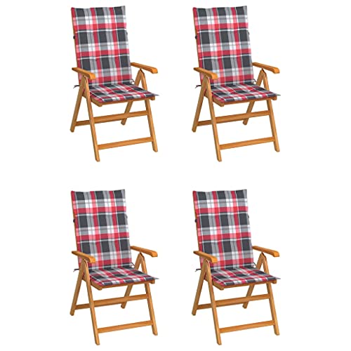 Qnhdfrt Gartenstühle 4er Set aus Teakholz 57 x 71,5 x 100 cm klappbar mit rotem Karo-Kissen 7-Fach verstellbare Rückenlehne leicht robust für Garten Terrasse Balkon Strandcamping von Qnhdfrt