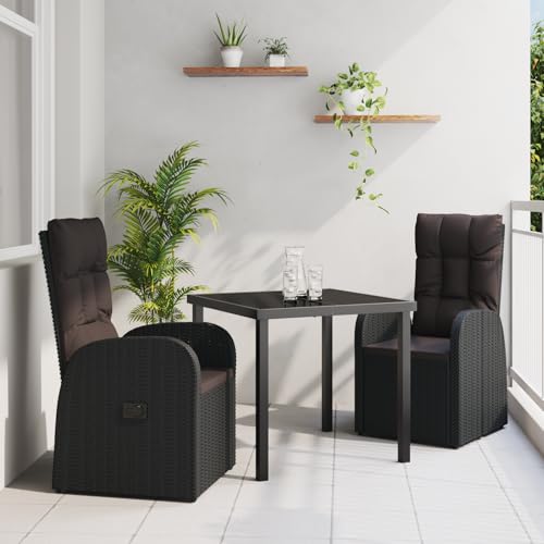 Qnhdfrt Gartenstühle Set 3-TLG Schwarz Poly Rattan Outdoor Essgruppe mit Kissen Verstellbare Lounge Möbel für Balkon Terrasse Garten von Qnhdfrt