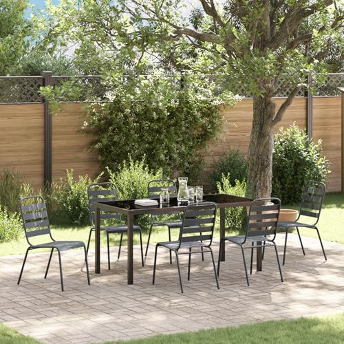 Qnhdfrt Gartenstühle Set 7-teilig Dunkelgrau Stahl Rechteckig Outdoor Essgruppe mit 1 Tisch und 6 stapelbaren Stühlen für Garten Balkon Terrasse von Qnhdfrt