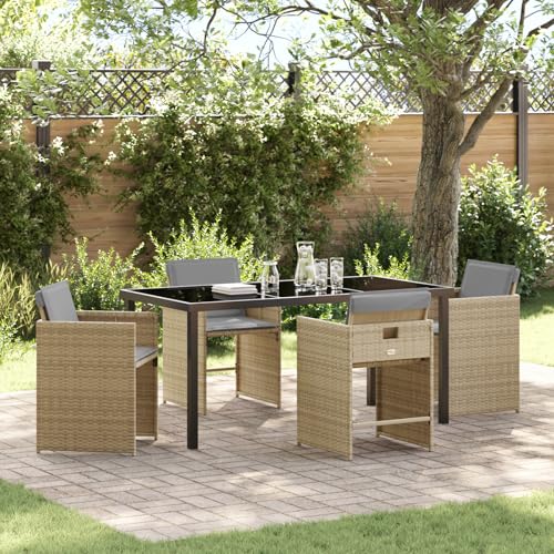 Qnhdfrt Gartenstühle Set Outdoor 5-teilig Poly-Rattan Essgruppe Beige Quadratisch mit Grauen Kissen und Klappbarer Rückenlehne für Terrasse Balkon Garten Qnhdfrt Gartenstühle Set Outdoor 5-teilig Poly-Rattan Essgruppe Beige Quadratisch mit Grauen Kissen und Klappbarer Rückenlehne für Terrasse Balkon Garten von Qnhdfrt