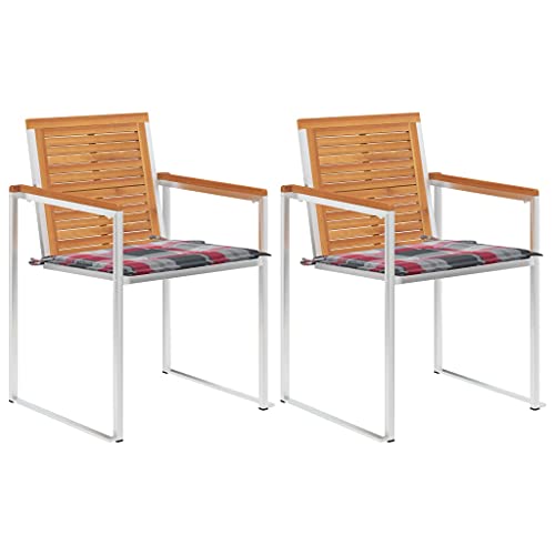 Qnhdfrt Gartenstühle mit Kissen 2 Stück Massivholz Akazie Edelstahl 304 Rostbeständig Robust für Garten Terrasse Balkon Outdoor Möbel mit Rotem Karomuster Leicht zu Reinigen von Qnhdfrt