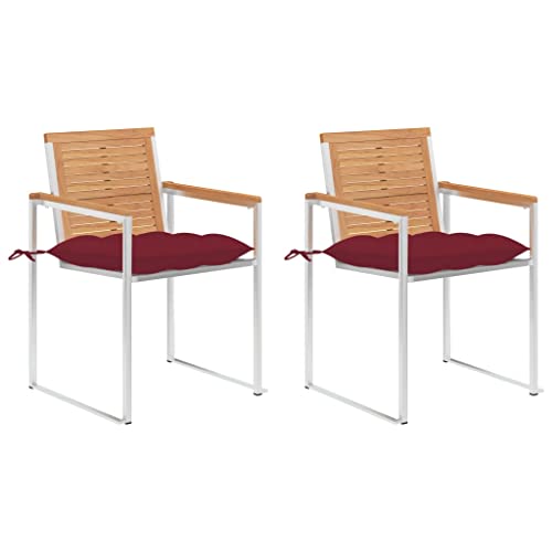 Qnhdfrt Gartenstühle mit Kissen 2 Stück Massivholz Teak Edelstahl 304 für Outdoor Garten Terrasse Balkon Robust und Bequem mit Weinrot Polster von Qnhdfrt