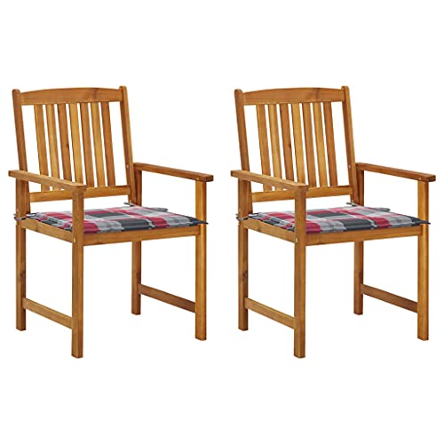 Qnhdfrt Gartenstühle mit Kissen 2er Set Massivholz Akazie Rotes Karomuster Robust und Bequem für Garten Balkon Terrasse Outdoor Möbel von Qnhdfrt
