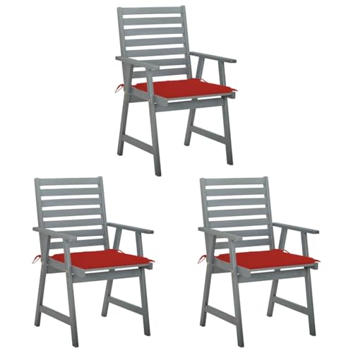Qnhdfrt Gartenstühle mit Kissen 3er-Set Massivholz Akazie grau rot für Terrasse Balkon Garten Moderne wetterfeste Outdoor Möbel von Qnhdfrt