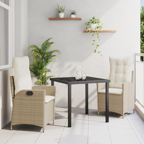 Qnhdfrt Gartenstuhl Set mit Tisch und Kissen, 3-TLG Poly Rattan Sitzgruppe Beige, Verstellbare Lounge Möbel für Balkon Terrasse Garten von Qnhdfrt