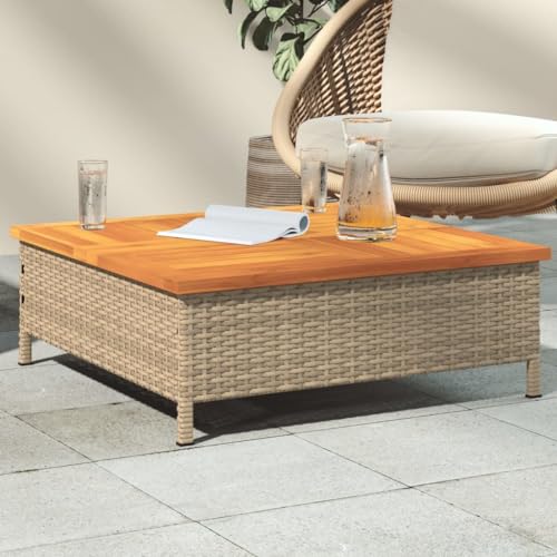 Qnhdfrt Gartentisch Beige 70x70x25 cm Akazienholz mit PE Rattan Beistelltisch für Balkon Terrasse Garten Camping Outdoor Möbel Robustes Design von Qnhdfrt