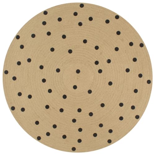 Qnhdfrt Geflochtener Juteteppich mit Punktmuster, Handgewebt, Natur und Schwarz, 120 cm Durchmesser, Moderner Wohnzimmerteppich für Balkon, Schlafzimmer und Flur von Qnhdfrt