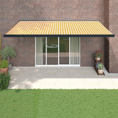 Qnhdfrt Gelenkarmmarkise Ausziehbar Gelb Weiß 5x3 m mit Aluminium Rahmen Sonnenschutz für Terrasse Balkon Garten – Robustes Design Einfach zu Montieren von Qnhdfrt