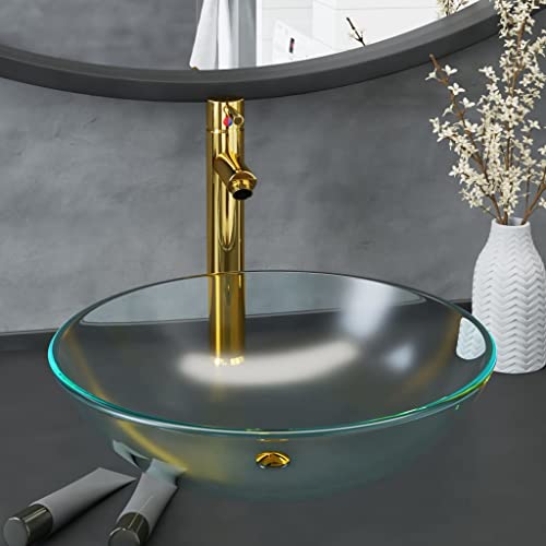 Qnhdfrt Goldenes Aufsatzwaschbecken rund 42 cm aus gehärtetem mattiertem Glas mit Messing Wasserhahn Pop-Up Ablaufgarnitur platzsparendes kleines Design für Gäste WC Bad Camping und Garage Qnhdfrt Goldenes Aufsatzwaschbecken rund 42 cm aus gehärtetem mattiertem Glas mit Messing Wasserhahn Pop-Up Ablaufgarnitur platzsparendes kleines Design für Gäste WC Bad Camping und Garage von Qnhdfrt