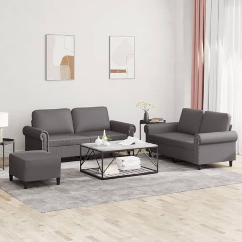 Qnhdfrt Graue Kunstleder Sofagarnitur Set mit 2 Zweisitzer Sofas (120cm und 140cm), Fußhocker und 4 Kissen für Wohnzimmer Balkon Lounge von Qnhdfrt