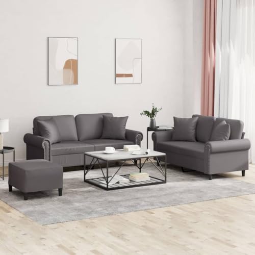 Qnhdfrt Graue Kunstleder Sofagarnitur mit Fußhocker und Kissen, Zweisitzer Sofa Set für Wohnzimmer oder Balkon, Modernes Design mit Robustem Gestell und Bequemer Polsterung von Qnhdfrt