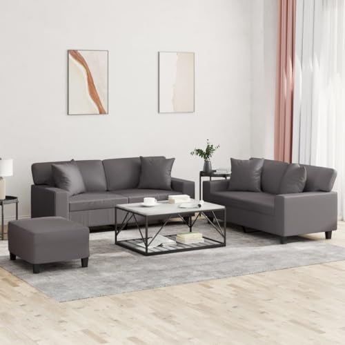 Qnhdfrt Graue Sofagarnitur mit Fußhocker und Kissen Kunstleder Zweisitzer Set für Wohnzimmer Bequem und Langlebig von Qnhdfrt