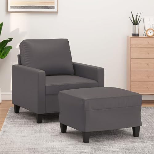 Qnhdfrt Grauer Sessel mit Hocker Kunstleder 60 cm Sitzbreite - Moderner Relaxsessel für Wohnzimmer Balkon Esszimmer, Bequem und Robust mit Stabilem Metallgestell von Qnhdfrt