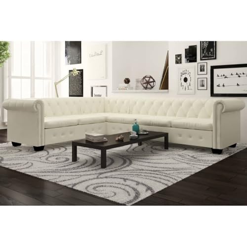 Qnhdfrt Großes Chesterfield Ecksofa 6-Sitzer Weiß Kunstleder mit Knopfheftung für Wohnzimmer und Büro – Elegantes Design und hoher Komfort von Qnhdfrt
