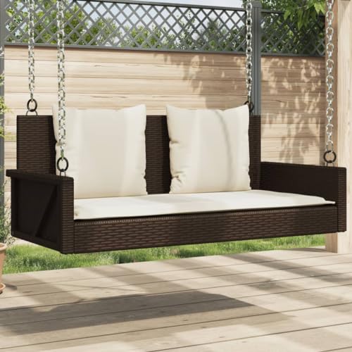 Qnhdfrt Hängebank mit Kissen Braun aus PE-Rattan für Garten und Balkon Outdoor Sitzbank mit Schaukelfunktion 119x56x48 cm Bequeme Polster Gartenmöbel von Qnhdfrt