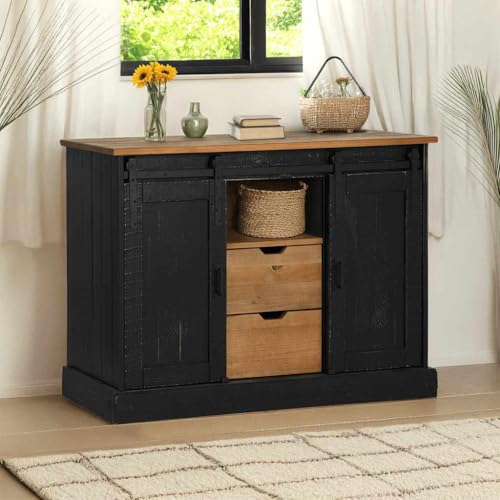 Qnhdfrt Halden Sideboard mit 2 Schiebetüren und 2 Schubladen Schwarz Massivholz Kiefer 112x40x80 cm – Vielseitiger Aufbewahrungsschrank für Wohnzimmer Küche Flur Robust und Funktional von Qnhdfrt