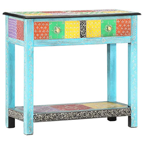Qnhdfrt Handbemalter Konsolentisch aus Mango Massivholz 80x35x75 cm Mehrfarbig mit 2 Schubladen Vintage Design für Wohnzimmer Schlafzimmer und Flur von Qnhdfrt