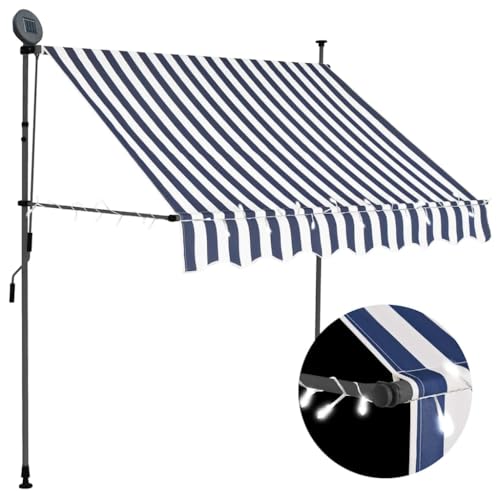 Qnhdfrt Handbetriebene Ausziehbare Markise mit Solar LED 200 cm Blau Weiß Wetterfester Sonnenschutz für Fenster Balkon Terrasse Garten von Qnhdfrt