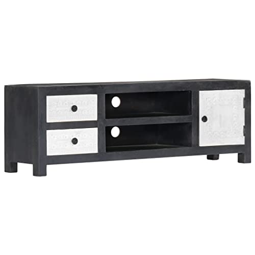 Qnhdfrt Handgeschnitzter TV-Schrank Massivholz Mango Grau Weiß mit 1 Tür 2 Schubladen 2 Fächern Lowboard für Wohnzimmer Schlafzimmer 120x30x40 cm von Qnhdfrt