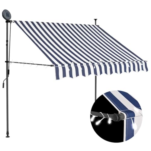 Qnhdfrt Handkurbel Markise 150cm Blau Weiß Solar LED Balkon Terrasse Fenster mit Verstellbarer Höhe für Außenbereich von Qnhdfrt