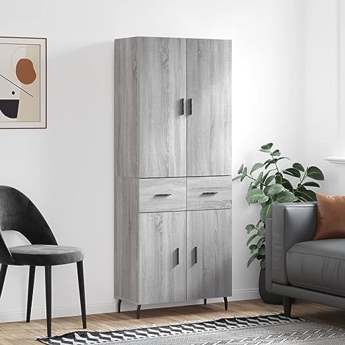 Qnhdfrt Highboard Grau Sonoma aus Holzwerkstoff mit Metallfüßen, stylisches Sideboard für Wohnzimmer und Flur, 69,5x34x180 cm, viel Stauraum & Moderne Optik von Qnhdfrt