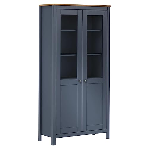 Qnhdfrt Highboard Hill Grau Massivholz Kiefer 85x37x170,5 cm mit 2 Hartglas Türen Vitrinenschrank Rustikaler Landhausstil für Wohnzimmer Esszimmer Flur von Qnhdfrt