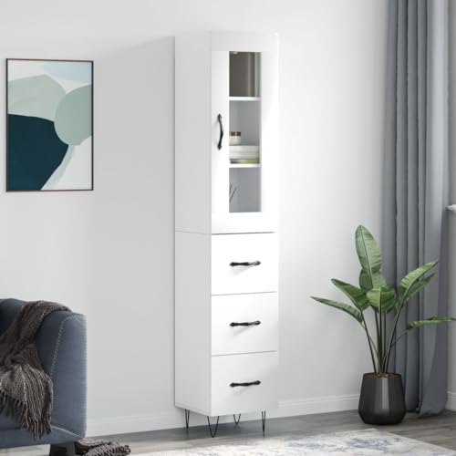 Qnhdfrt Highboard Hochglanz-Weiß 34,5x34x180 cm Holzwerkstoff mit Metallfüßen und Stauraum, Modernes Design für Wohnzimmer von Qnhdfrt