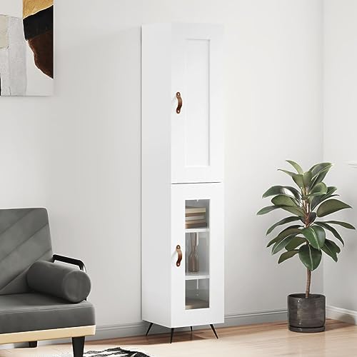 Qnhdfrt Highboard Hochglanz-Weiß 34,5x34x180 cm aus Holzwerkstoff mit Glastüren und Metallfüßen, Stauraum für Wohnzimmer Flur Küche von Qnhdfrt